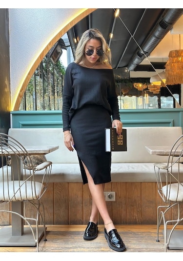 Tua Moda Kadın Uzun Kollu Düşük Omuz Yırtmaç Detay Kaşkorse Etek Bluz Ikili Takım Siyah