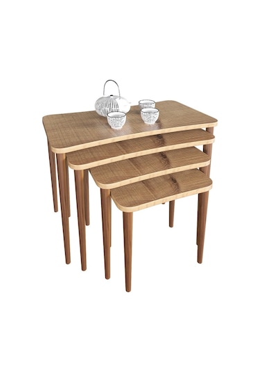 Zuesse Dizayn Selena Zigon Sehpa Ahşap Ayaklı Ceviz Salonseti Sehpası 4 'Lü