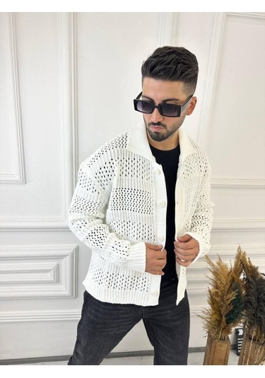 Elku Moda Hırka Oversize Özel Örgülü Triko Desenli Salaş Örgü Hırka Beyaz