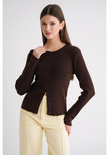 6931 Kadın Düğmeli Fitilli Triko Hırka Kahve Kahve