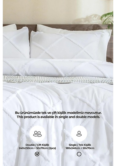 Evlen Home Pamuklu Aimar Yatak Örtüsü Takımı Çift Kişilik Günlük Boho 3 Parça Elyaf Dolgulu Beyaz Beyaz