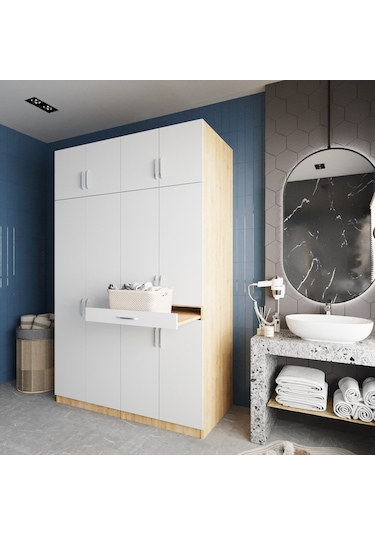 Megan Çamaşır Ve Kurutma Makinesi Dolabı Banyo Dolabı Meşe Beyaz Meşe Beyaz