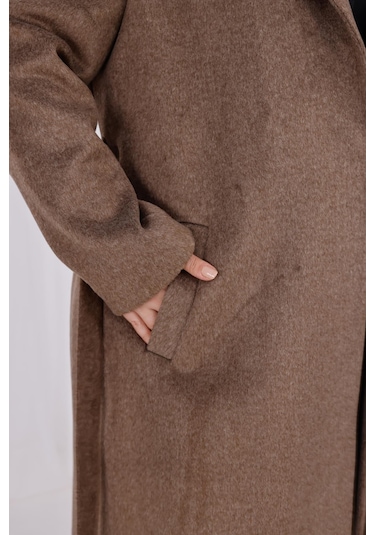 Kadın Kahve Melanj Yün Kaşe Kemer Ve Astar Detay Büyük Beden Kaban Sütlü Kahverengi