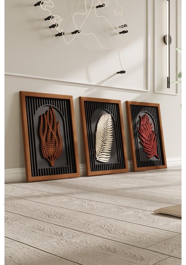Ahşap Dekoratif 3'lü Modern Çerçeveli Tablo