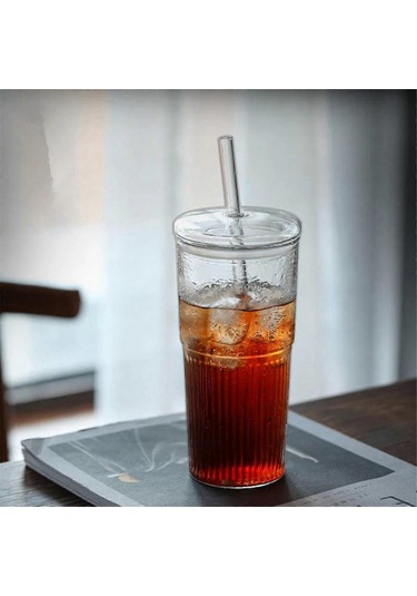 600 Ml Cam Bardak Sütlü Kahve Fincanı Kapaklı Ve Pipetli Şeffaf Çizgili Su Bardağı Kupa İçme Bardağı Kdo Kdo