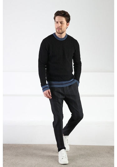 Ferraro Siyah/Indigo Bisiklet Yaka %100 Kuzu Yünü Erkek Kazak Siyah Indigo İndigo - Siyah