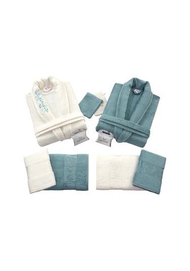 Nurpak Bambu Aile Bornoz Seti Petrol Krem