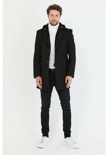 Erkek Siyah Yün Karışımlı Kaşe Kapüşonlu Önü Fermuarlı Kaban-Siyah