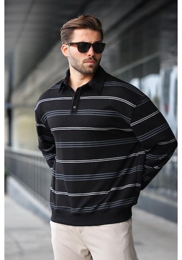 Madmext Siyah Çizgili Polo Yaka Erkek Sweatshirt E7172 Siyah
