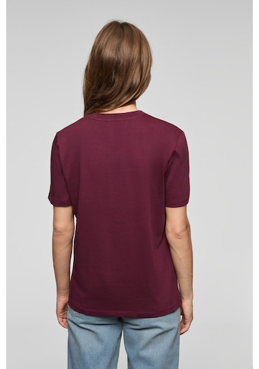 Grımelange Alıne Kadın %100 Organik Pamuk Derin V Yakalı Comfort Fit Bordo T-shirt Bordo