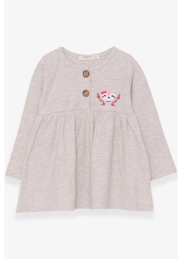 Breeze Kız Çocuk Uzun Kollu Elbise Tilkicik Nakışlı 1.5-5 Yaş, Bej Melanj