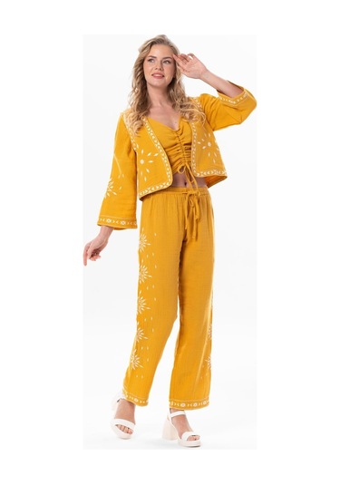 Uzun Kol Günışığı Büzgü Detaylı Yazlık Müslin Bluz Hardal Hrd-hardal