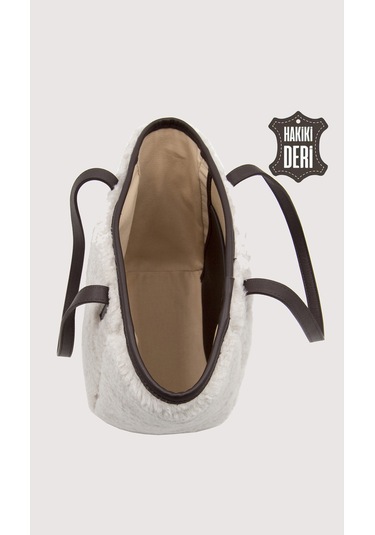 Hakiki Deri Kürklü Kadın El Çantası Beyaz Smr9152 Beyaz