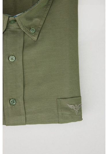 Tudors Büyük Beden Düğmeli Yaka Poplin Pamuklu Kolay Ütü Oxford Haki Erkek Gömlek-30225-haki Haki