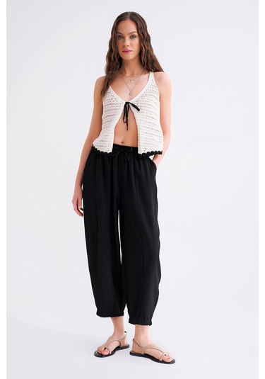4307 Kadın Beli Lastikli Parçalı Şalvar Pantolon Siyah Siyah