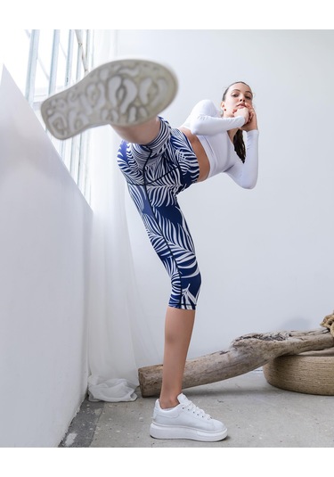 Yaprak Desenli Toparlayıcı Spor Kapri Tayt Lacivert - Beyaz