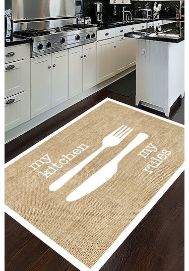 Decomia Home Dijital Kaymaz Yıkanabilir Mutfak Jüt Gör. Kıtchen Beyaz Çerçeveli Mutfak Halısı DC-5034 Beyaz