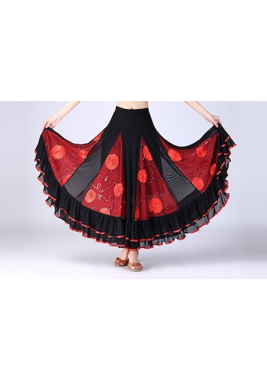 Sones Pullu Çiçek Salıncak Modern Dans Eteği Gül Kırmızısı Siyah - Fuşya