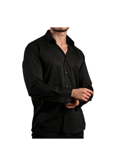 Siyah Büyük Beden Rahat Kesim Micro Kumaş Kol Düğmeli Regular Fit Erkek Gömlek - 190-6 001