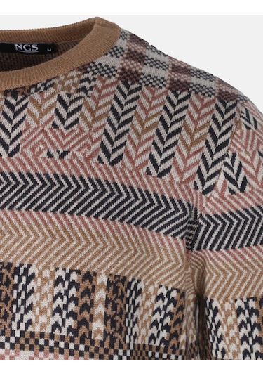 Erkek Triko Camel Bisiklet Yaka Desenli Slim Fit Pamuklu Kazak Ncs Jeans 3721-camel Camel