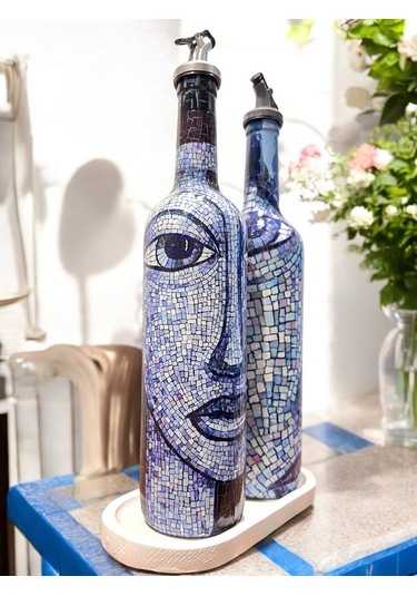 Anadolu Mozaik Sanatı Motifli Soyut Tasarım Yağdanlık Seti-sirkelik Sosluk Seti- Ev Ve Mutfak Mavi