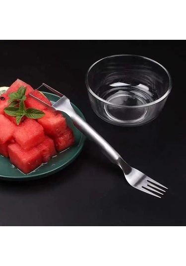 1 Adet Çok Amaçlı Taşınabilir 2ın1 Karpuz Çatal Dilimleme Karpuz Dilimleme Kesici Bıçak Paslanmaz Çelik Mutfak Meyve Kesme Çatal Beyaz