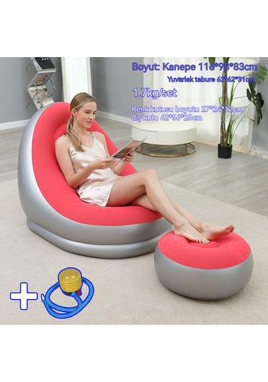 Ikkb Şişme Tembel Koltuk Pedalı İki Parçalı Taşınabilir Dış Mekan Mobilyaları Ayak Pompalı Pembe Pembe