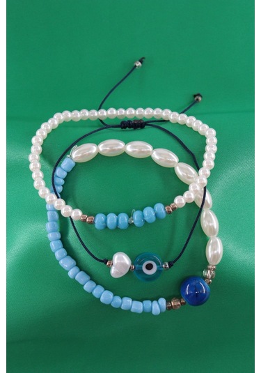 3lü Nazar Boncuklu İncili Boncuklu Asansörlü Lastikli İp Bileklik. Kadın İp Bileklik Halhal Çok Renkli