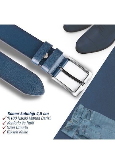 Gayış Özel Kutulu Hakiki Manda Derisi Erkek Kot Pantolon Kemeri Mavi