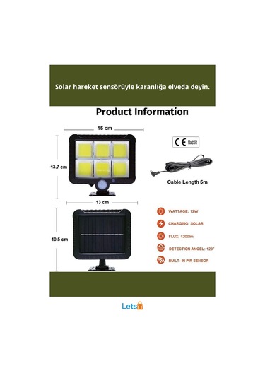 Hareket Sensörlü Su Geçirmez Güneş Enerjili Duvar Lambası 12w Çok Renkli