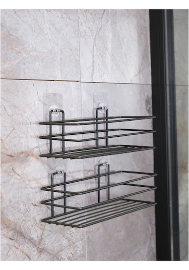 Alper Banyo Yapışkanlı Kancalı 2 Adet Banyo Rafı Banyo Duş Askısı Mat Siyah