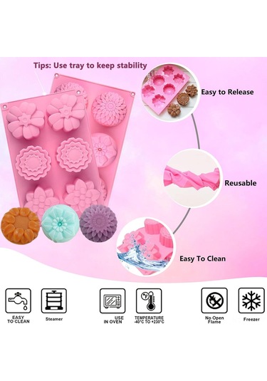 Shineyee 3'lü Yemek Kalitesi Silikon Kalıp Seti - Çiçek Şekli, Sabun/çikolata/çerez Hazırlama, Anti Yapışkan, -40 C'den 230 C'ye Dayanıklı Pembe