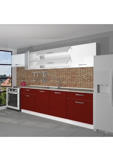 Decoraktiv Prestij 280 Mdf Hazır Mutfak Dolabı - Tezgah Dahil - Bordo Beyaz Beyaz - Kırmızı