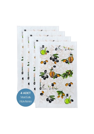 4lü Paket Baskılı Beyaz Mutfak Havlusu Modeli Zeytin