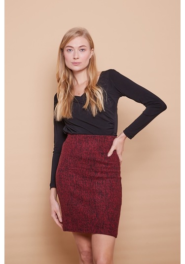 Kışlık Likralı Yünlü Kumaş Yüksek Bel Diz Üstü Kalem Etek-bordo Diyogonel - Bordo Dygnl Bordo