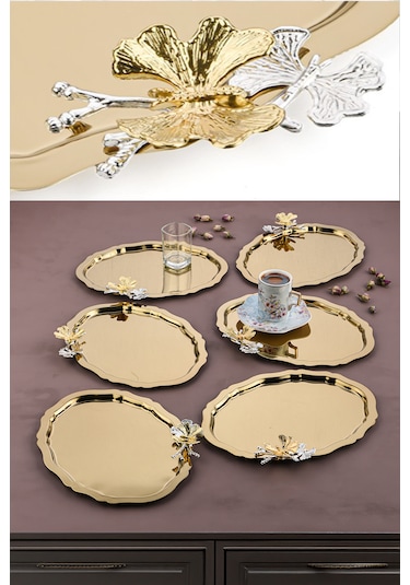 Oval Gold Kelebekli Kahve-çay Sunum Tepsisi 20x25 Cm