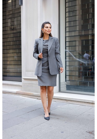 Çizgili Poliviskon Elbise-ceket Takım Gri Gri