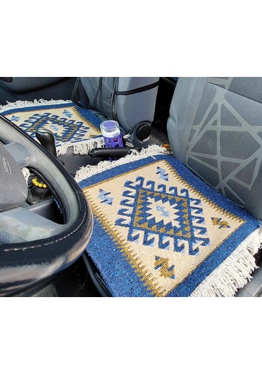 Reversible Oto Koltuk Kilim Seti 3 Parça Makine Dokuma Akrilik & Polyester Saçaklı - Mavi