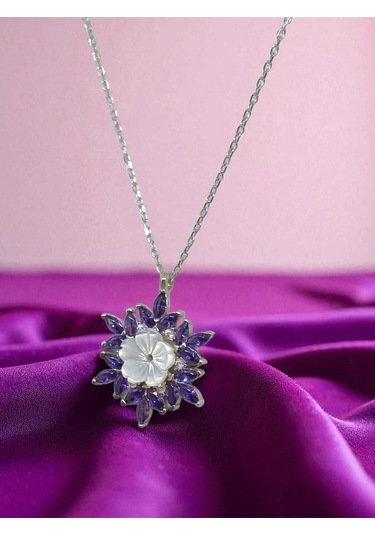 925 Ayar Gümüş Mor Taşlı Lotus Çiçeği Kolye Zarif Tasarım Gümüş