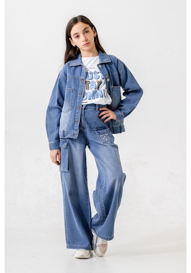 Kız Çocuk Yaka Taşlı Kot Ceket 1548 Mavi