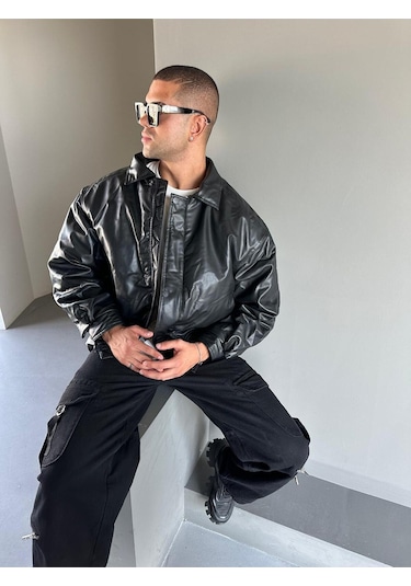Siyah Oversize Dolgulu Bomber Deri Ceket Siyah