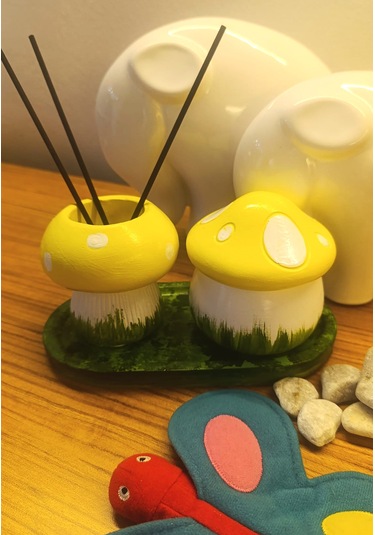 Artepieza El Yapımı Sarı Beyaz Mantar Figürlü Saksı Takımı Dekorasyon Seti 01