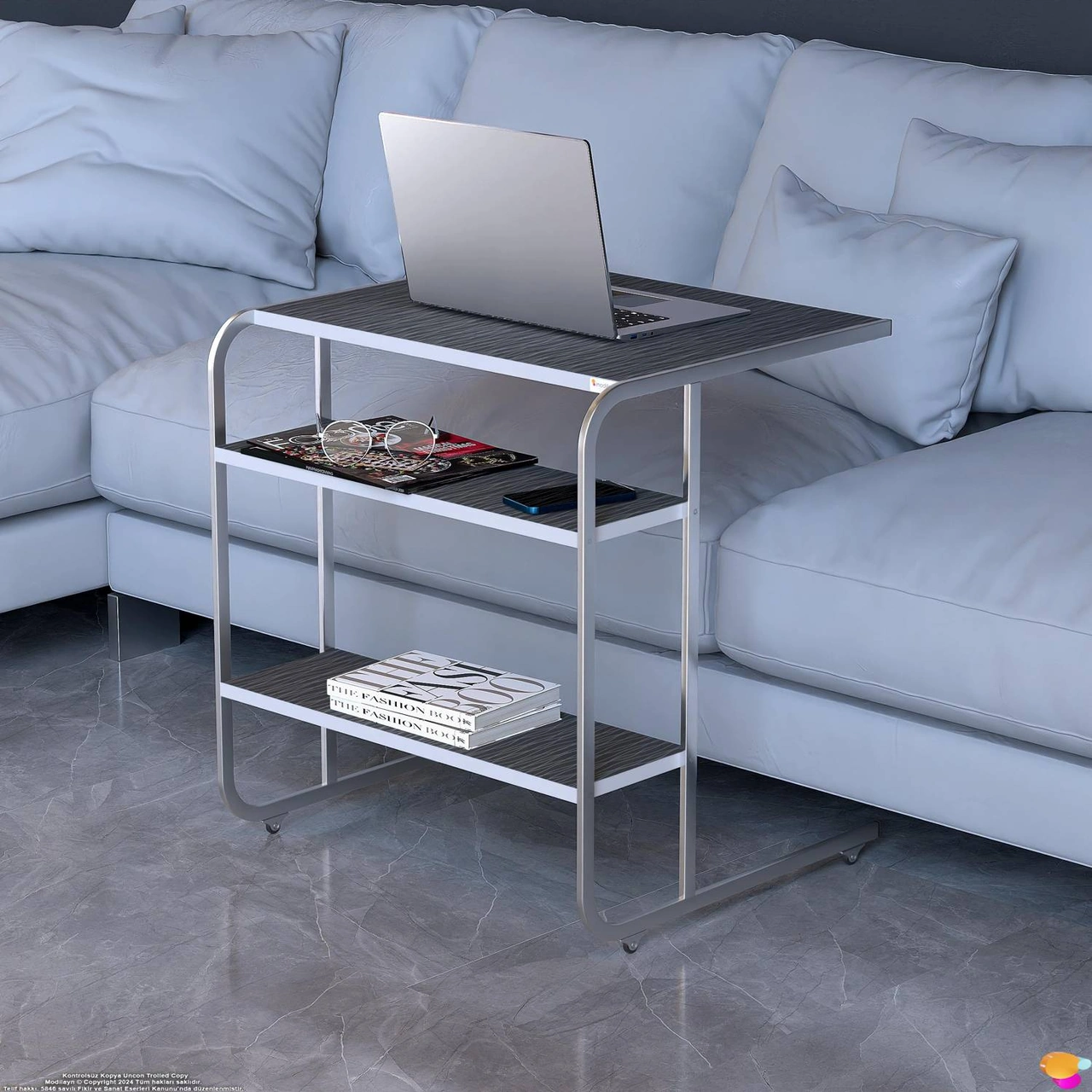 Modilayn C Yan Sehpa Geniş Boy Tekerlekli Çalışma, Atıştırmalık, Yemek, Laptop Sehpası Siyah Çizgili Siyah