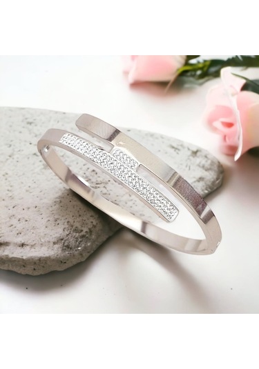 Şık Zirkon Taşlı Çelik Kelepçe Bileklik - Kararmaz Gümüş Kaplama Gümüş