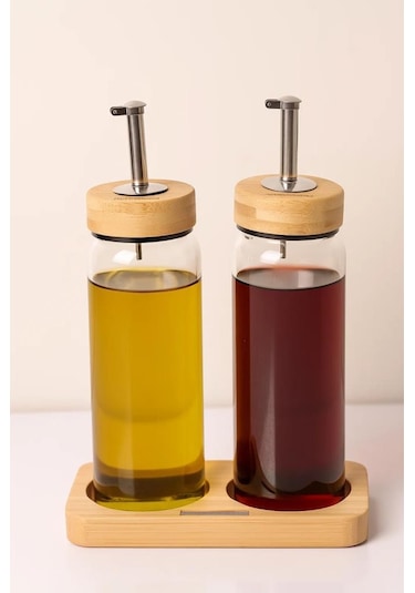 Bambu Kapaklı Cam Yağlık & Sirkelik Seti 2'li Standlı 300ml Şeffaf