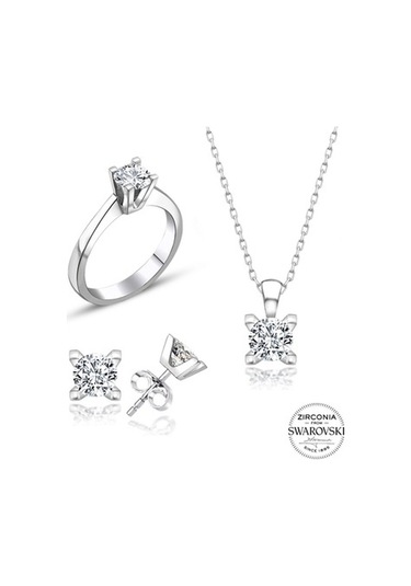 Sertifikalı Swarovski Taşlı Klasik Tek Taş 925 Gümüş Set Takım