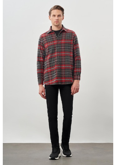 Bordo Yünlü Ekose Desen Yumuşak Yaka Cepsiz Uzun Kol Casual Comfort Fit Gömlek 1004245227 Bordo