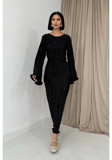Siyah İspanyol Kol Piliseli Elbise Siyah
