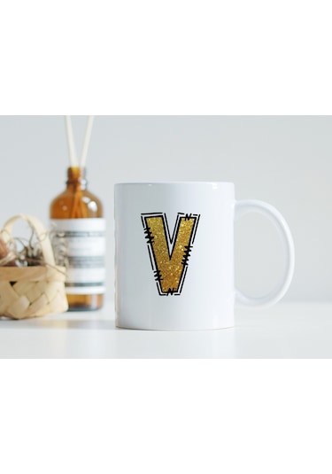 V Harfi Gold Simli Kupa Işıltılı Alfabe Harf Tasarımlı Kahve Kupası - Kişiye Özel Hediye Beyaz