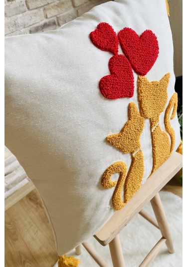 Swita Home Punch İşlemeli 2'li Dekoratif Özel Tasarım Kırlent Kılıfı Panç Hardal - Krem